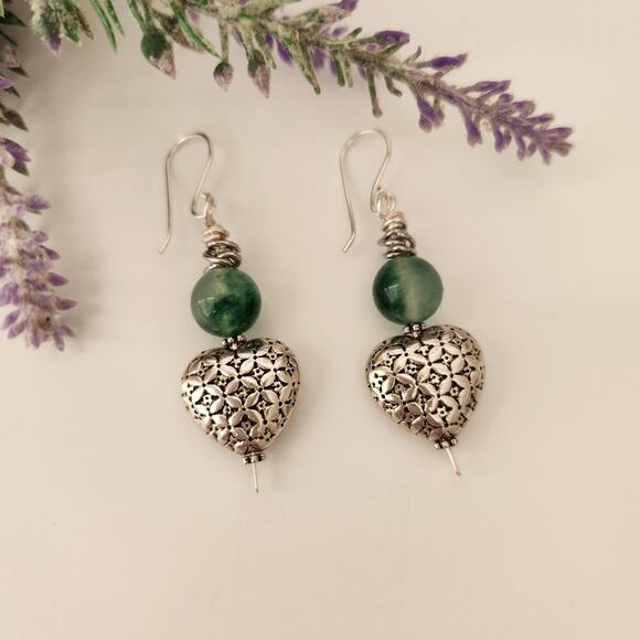 Natural Jade Stone Silver Heart Dangle Earrings - Picture 6 of 8